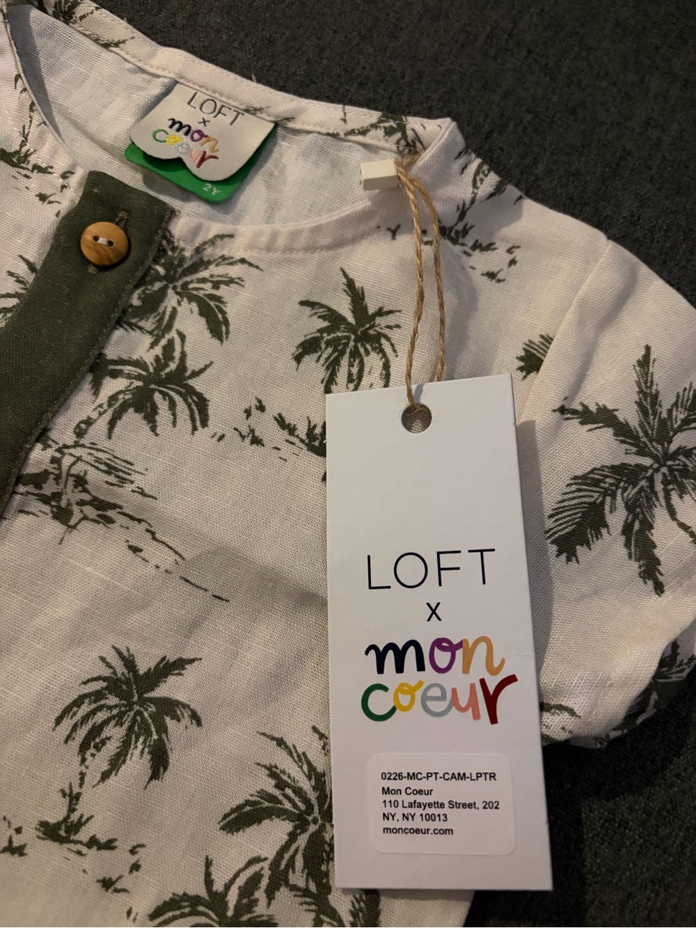 LOFT x Mon Coeur Cream and Olive Linen Palm-Print Baby Romper - Picture 4 of 4